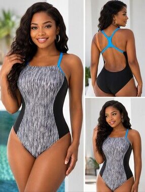 Nike Women's One-Piece Swimsuit in Black, Gray & Blue